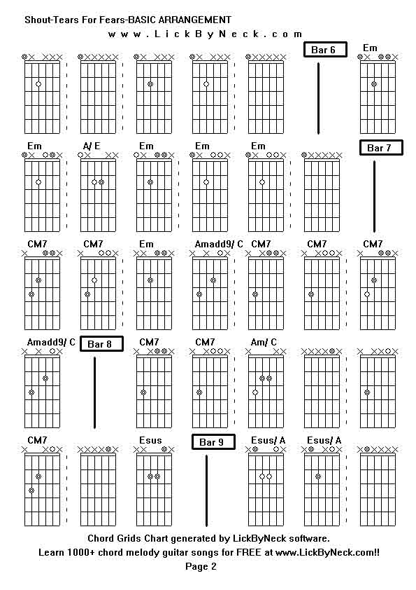 Chord Grids Chart of chord melody fingerstyle guitar song-Shout-Tears For Fears-BASIC ARRANGEMENT,generated by LickByNeck software.